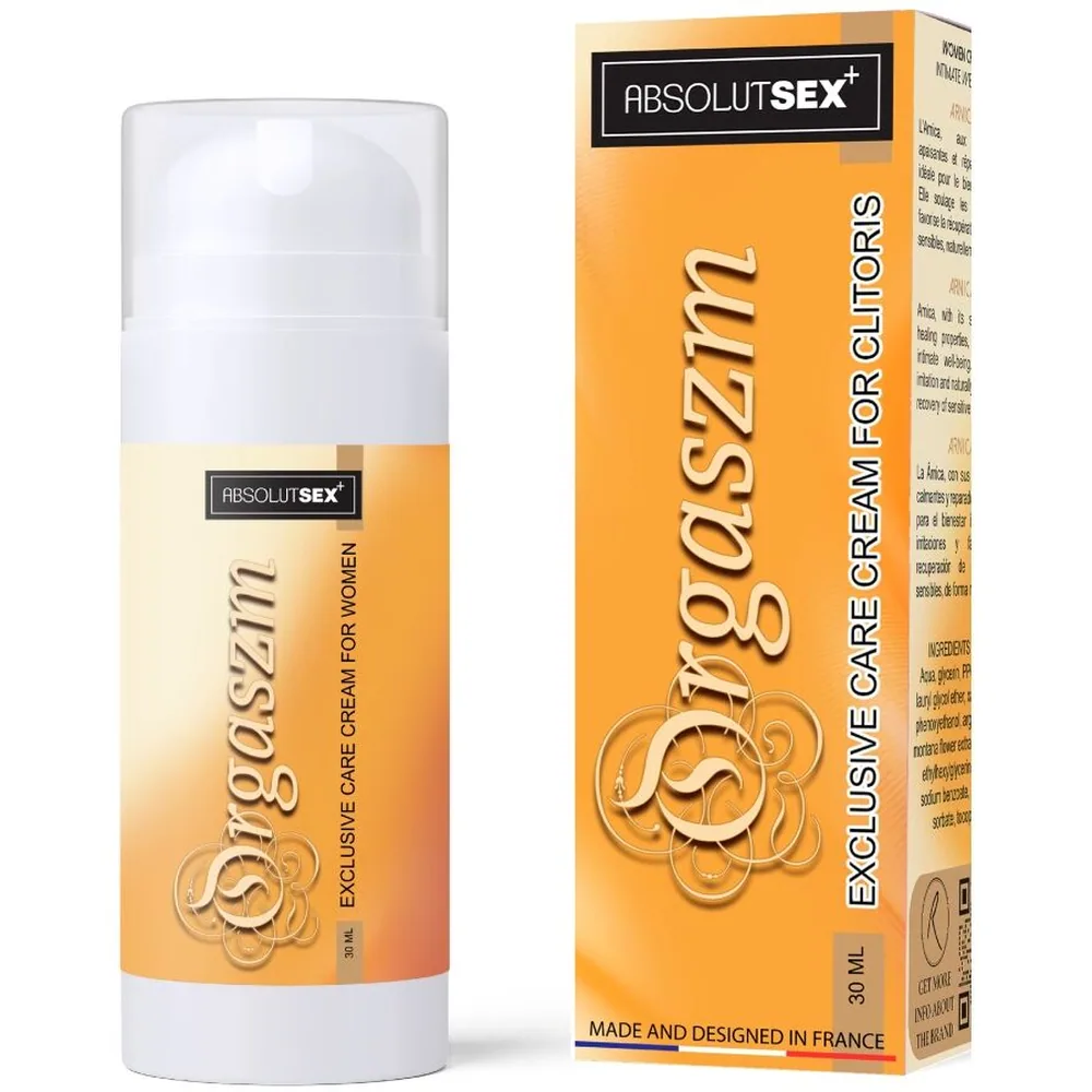 Emballage de crème stimulante Orgaszm par Absolut Sex, boîte orange et noire de 50 ml avec logo stylisé et texte "Exclusive Care Cream For Clitoris"