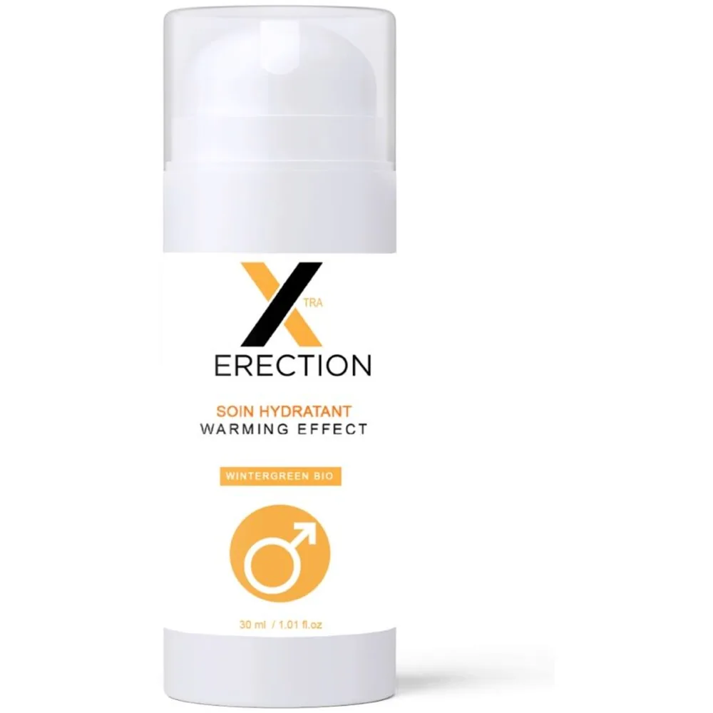 Flacon blanc de crème hydratante avec applicateur pompe, emballage montrant le logo Erection, mention Soin Hydratant Warming Effect et certification Wintergreen Bio, 30 ml