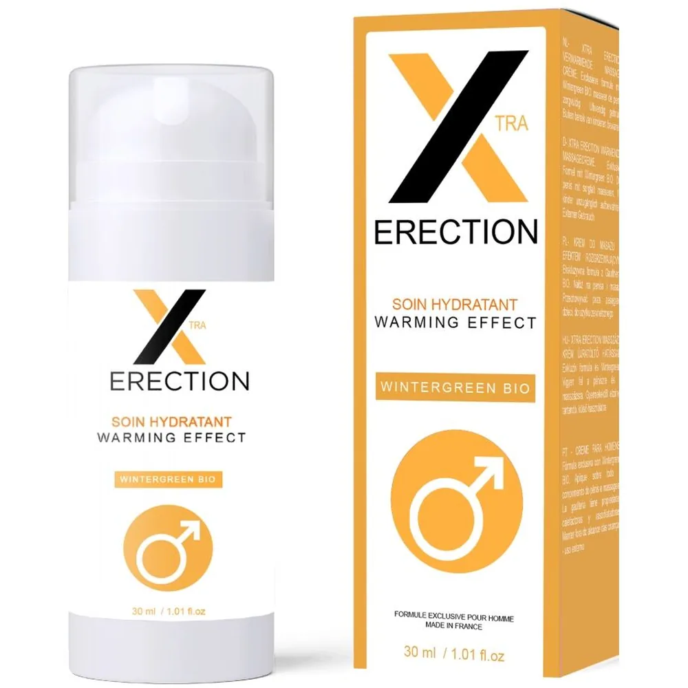 Flacon blanc de crème hydratante avec applicateur pompe, emballage montrant le logo Erection, mention Soin Hydratant Warming Effect et certification Wintergreen Bio, 30 ml