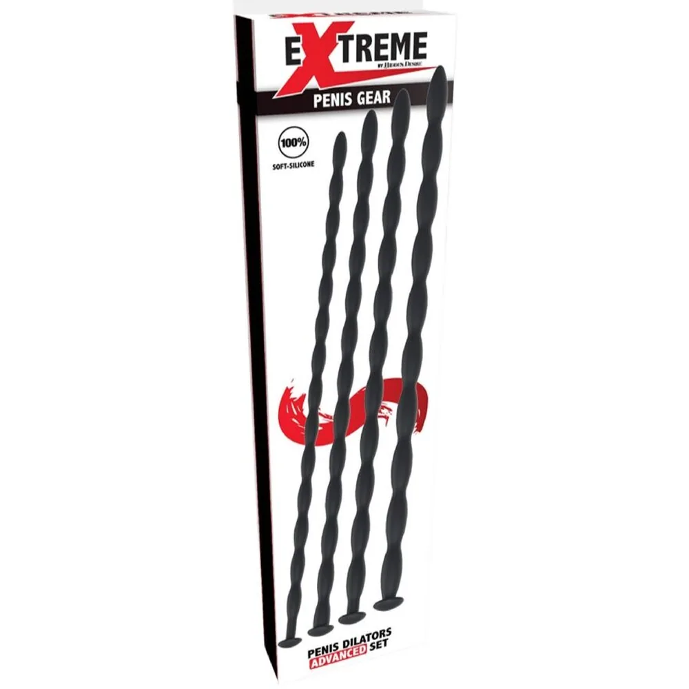 Schéma technique montrant quatre dilatateurs en silicone noir de 30 cm de longueur, avec diamètres de 7-11 mm, 8-13 mm, 7-13 mm et 9-14 mm, annotations dimensionnelles comprises