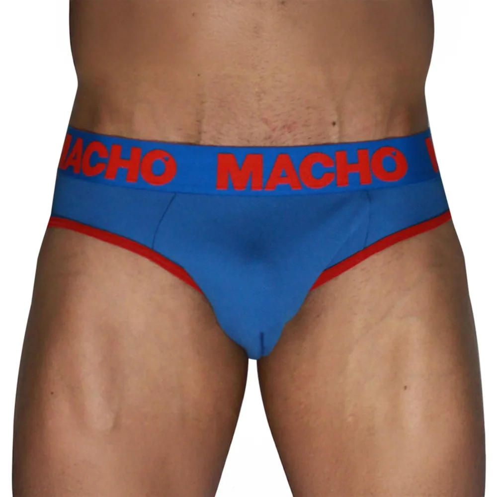Slip classique bleu vif à bande de taille rouge avec marquage de marque, porté sur fond blanc