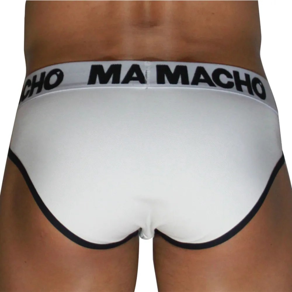 Slip blanc à taille élastique noire marquée « MACHO », bordures contrastées et poche avant préformée, porté de face