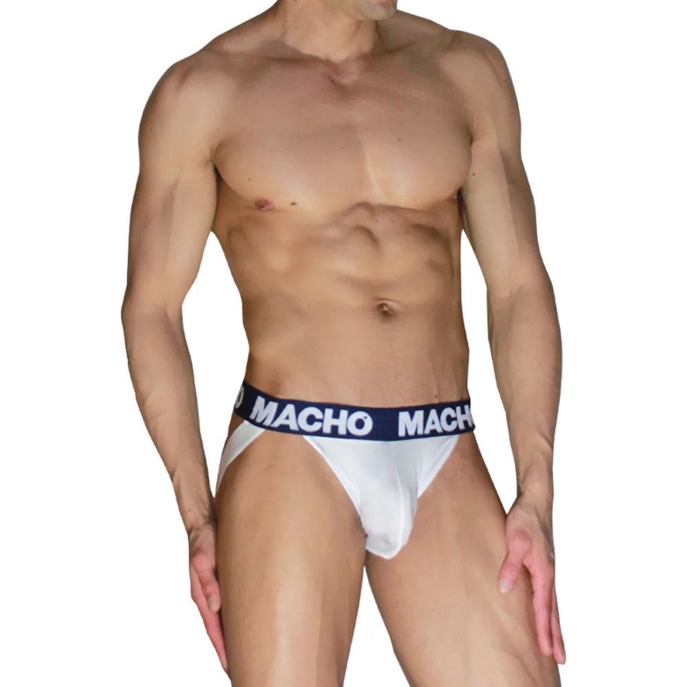 Slip jockstrap blanc avec bande de maintien, ceinture élastique bleu marine à logo contrasté