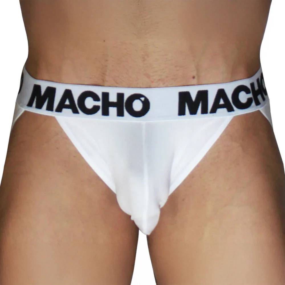 Jockstrap blanc porté, ceinture élastique noire avec inscription « MACHO », forme anatomique ajustée