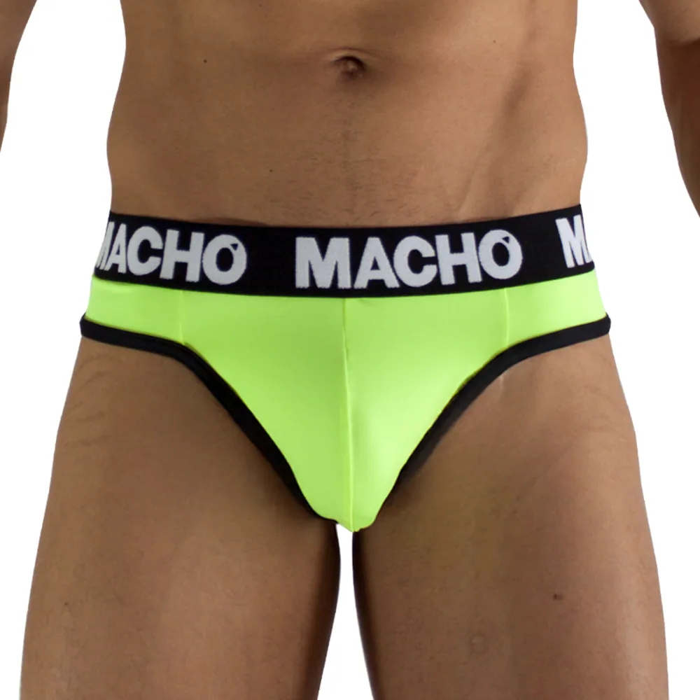 String jaune fluorescent avec ceinture large noire marquée MACHO, porté vue de face sur fond blanc