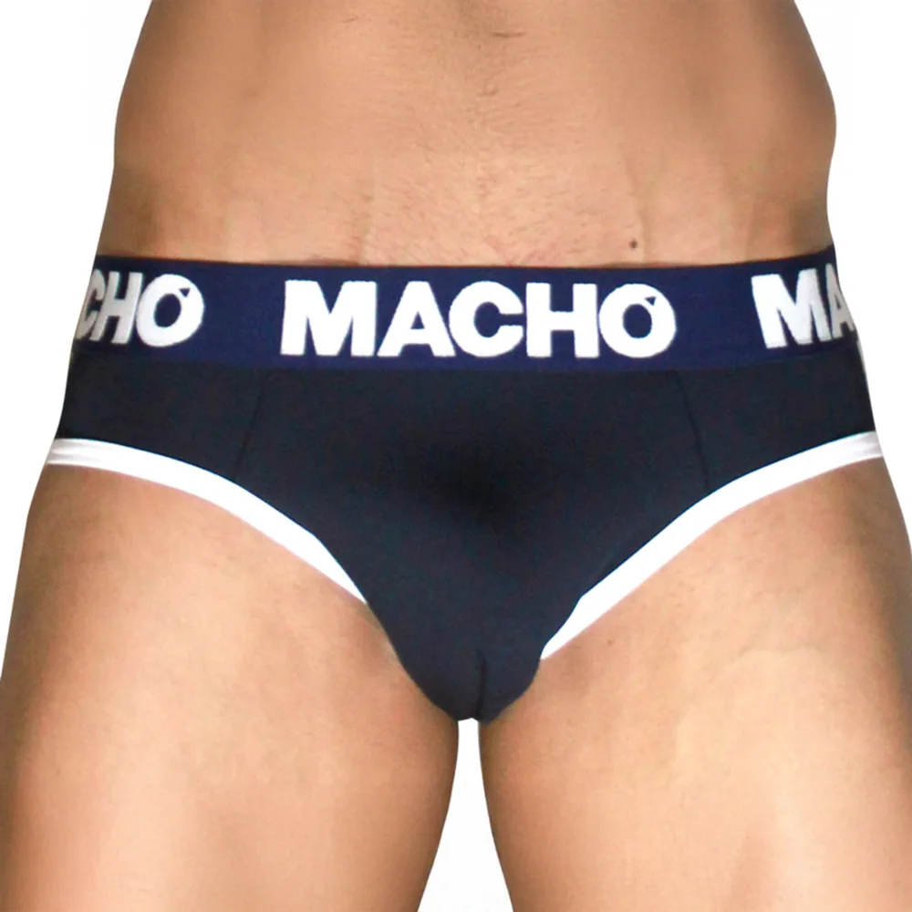 Slip de coupe classique marine et blanc avec ceinture « MACHO » contrastante, porté de face
