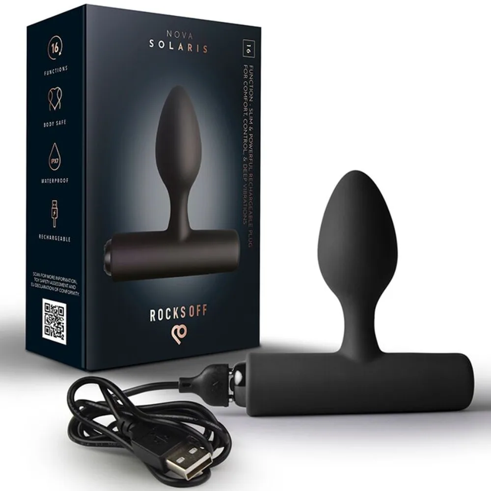 Emballage et contenu du plug anal Rocksoff Nova Solaris : boîte noire, plug en silicone noir avec tête ovoïde, baguette vibrante rechargeable et câble USB