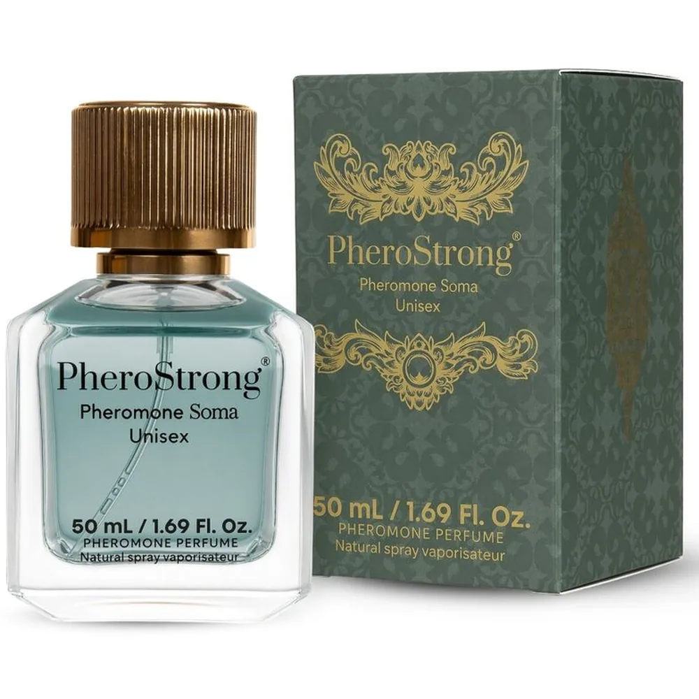 Flacon de parfum aux phéromones Pheromone Soma Unisex de 50 ml avec bouchon doré cannelé, contenant un liquide bleu-vert translucide, accompagné de son emballage cartonné gris-vert orné de motifs dorés