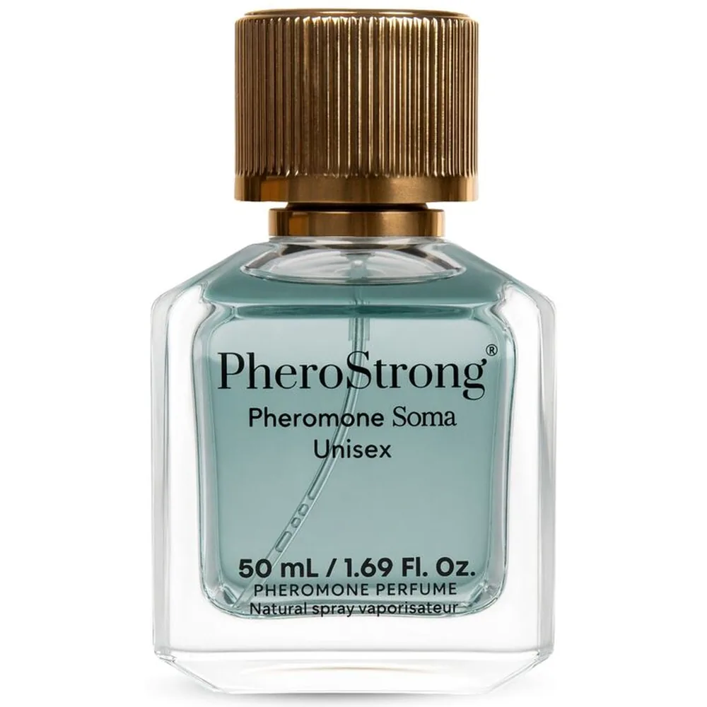 Flacon de parfum aux phéromones Pheromone Soma Unisex de 50 ml avec bouchon doré cannelé, contenant un liquide bleu-vert translucide, accompagné de son emballage cartonné gris-vert orné de motifs dorés