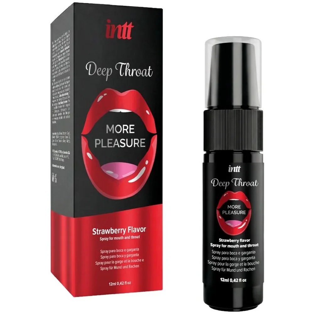 Emballage noir et flacon spray noir du spray buccal Deep Throat Intt, saveur fraise, 12 ml, avec logo lèvres rouges et informations produit visibles