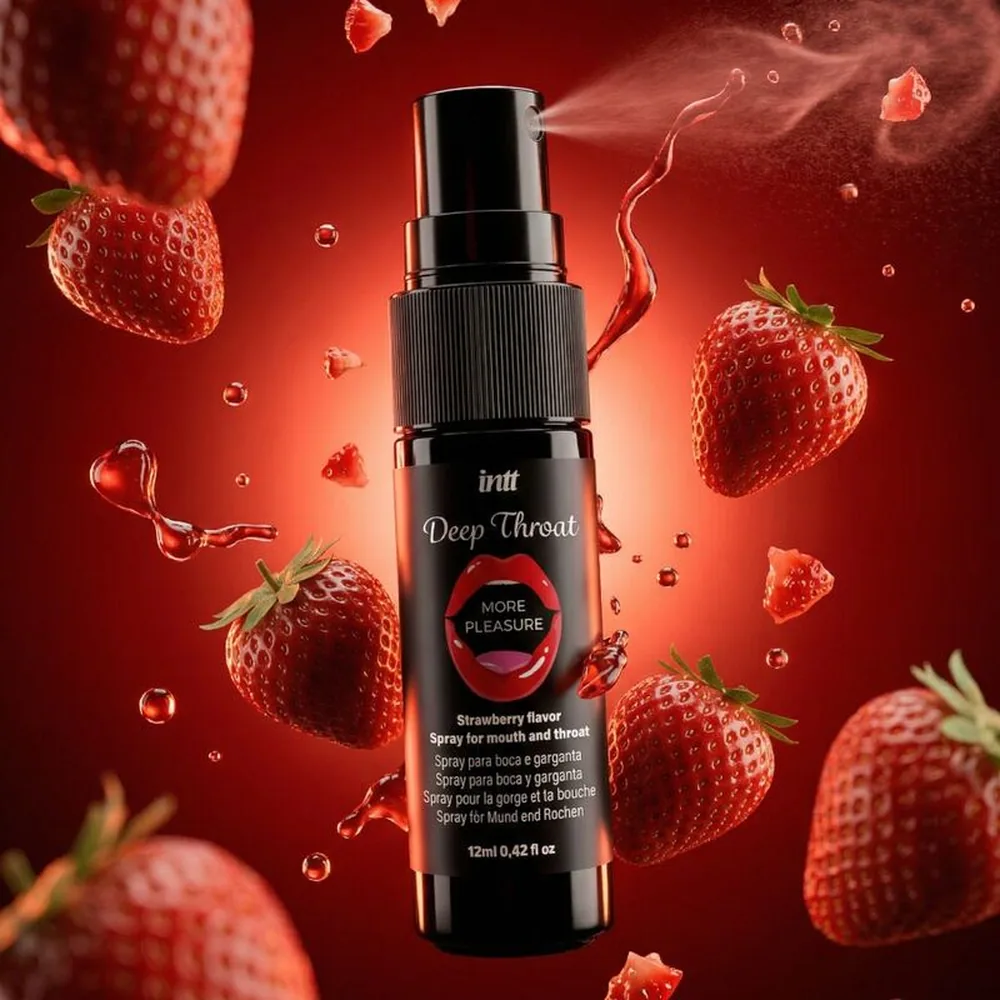 Emballage noir et flacon spray noir du spray buccal Deep Throat Intt, saveur fraise, 12 ml, avec logo lèvres rouges et informations produit visibles