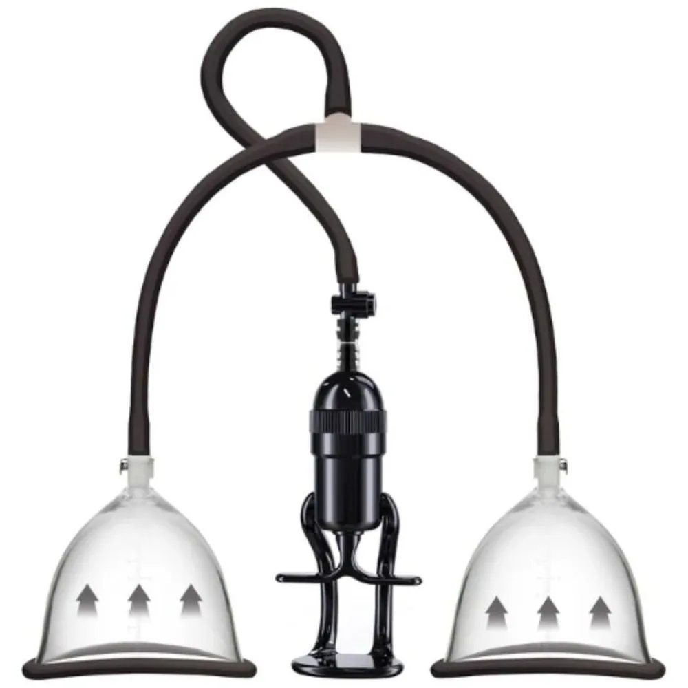 Schéma technique d'une pompe à vide manuelle avec deux bonnets en silicone transparent de 9 cm, reliés par des tubes à une pompe centrale de 22 cm, avec boucle de suspension
