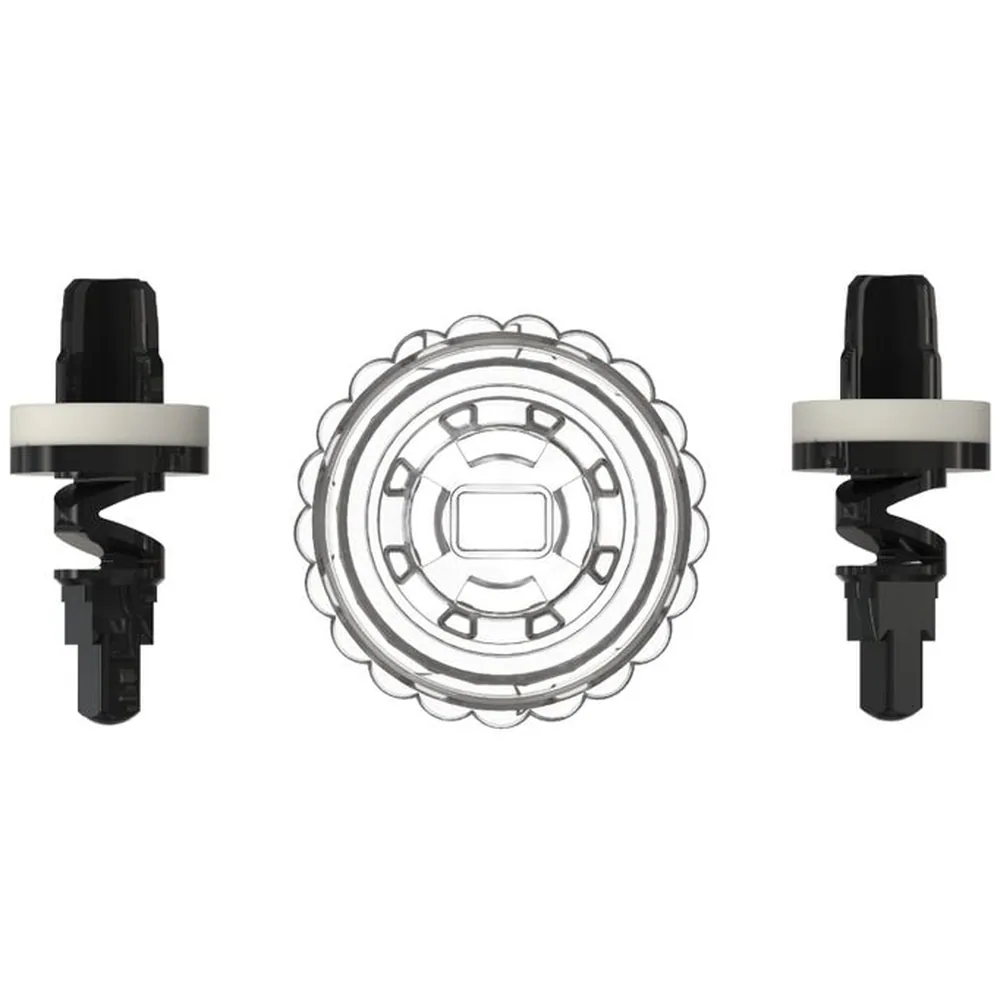 Schéma technique montrant trois vues d'une soupape de pompe : deux profils latéraux avec clapet noir et anneau de serrage gris-blanc, et une vue de face circulaire du mécanisme interne