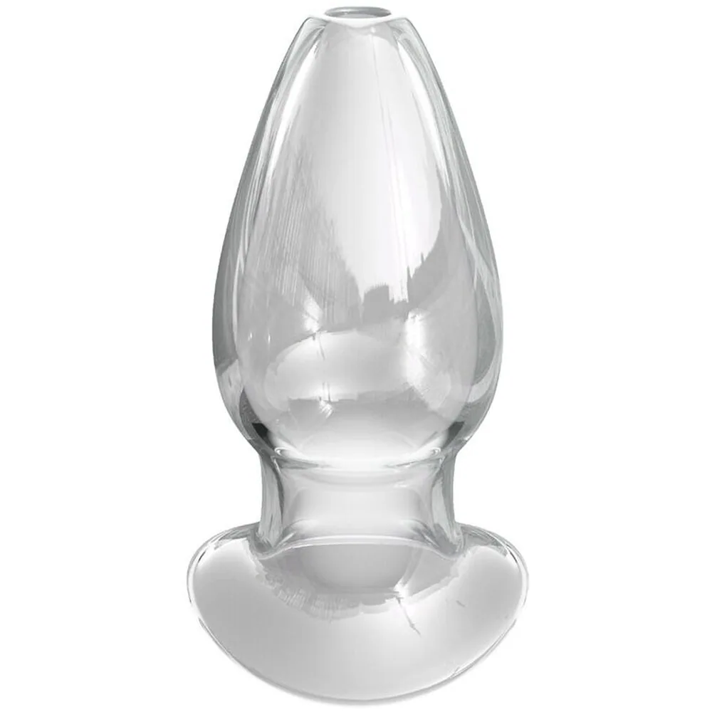 Emballage du plug anal Mega Anal Gaper, design tunnel transparent en violet clair avec base élargie, sur fond noir et violet