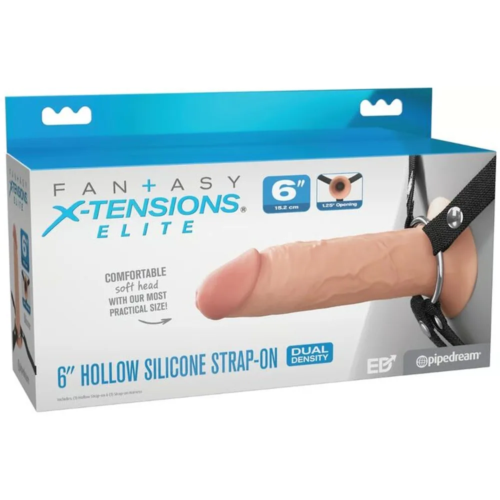 Schéma technique du harnais X Tensions Elite Strap-on avec dimensions : largeur du insert 4,1 cm, longueur insertable 15,2 cm, tour de taille minimum 61 cm et maximum 135 cm, élément en silicone chair et lanières noires ajustables