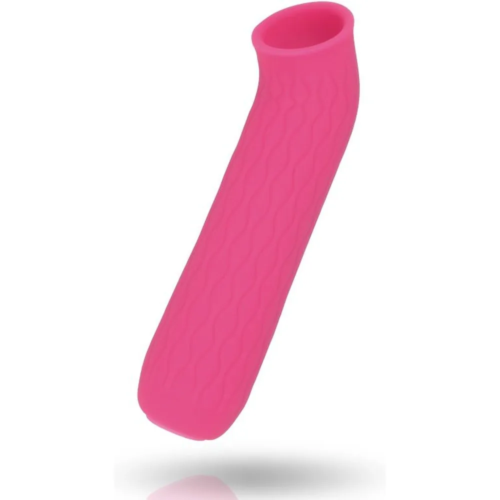 Emballage et stimulateur clitoridien Wynter Inspire en silicone rose fuchsia, forme tubulaire avec ouverture évasée, sur fond blanc