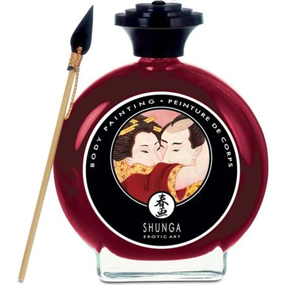 Flacon rond en verre de peinture corporelle rouge pourpre avec couvercle noir, étiquette circulaire illustrée, accompagné d'un pinceau à manche doré et poil noir