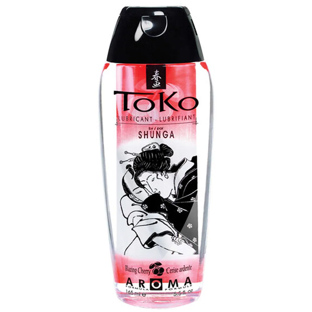 Flacon de lubrifiant Toko Shunga Aroma cerise brûlante 165 ml, bouteille transparente avec étiquette rose et noire, capuchon noir avec anneau de suspension, illustration de geisha en noir et blanc