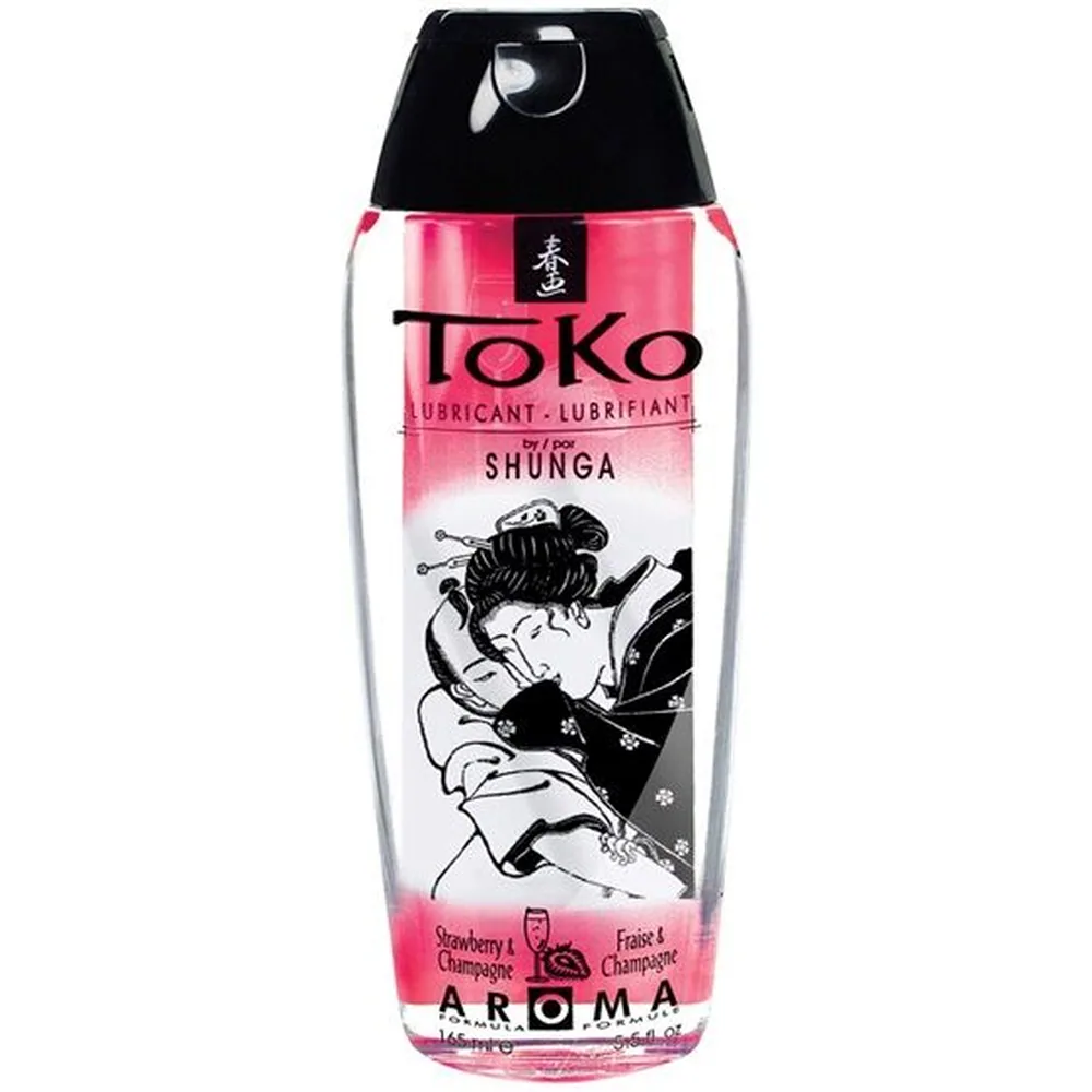 Flacon de lubrifiant Toko Shunga rose et noir avec étiquette illustrée, saveur fraise champagne, contenance 165 ml, bouchon noir avec anneau de préhension