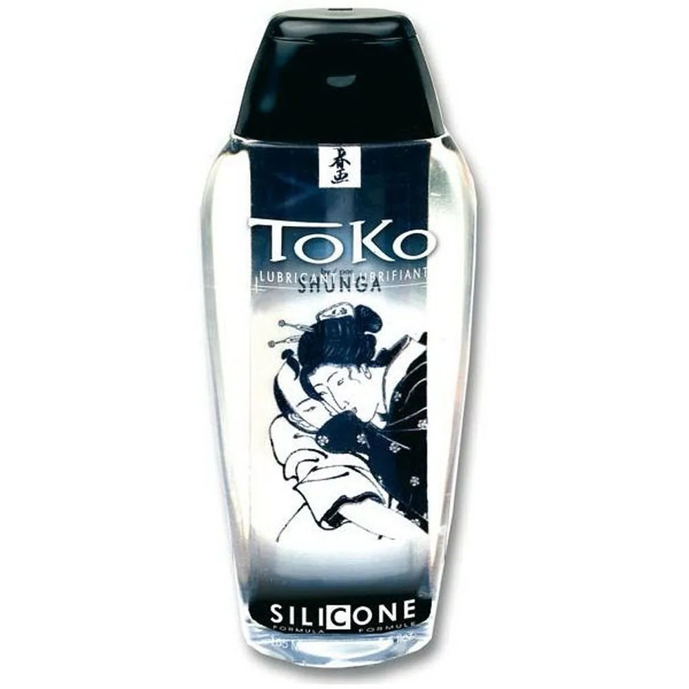 Flacon de lubrifiant Toko Shunga à base de silicone, transparent avec étiquette noir et blanc ornée d'un motif illustré japonais, bouchon noir