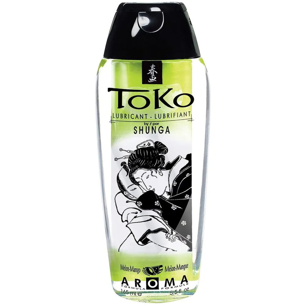 Flacon de lubrifiant Toko Aroma vert et noir, 165 ml, arôme melon-mangue, avec étiquette illustrée et bouchon noir, contenant un gel transparent à base d'eau
