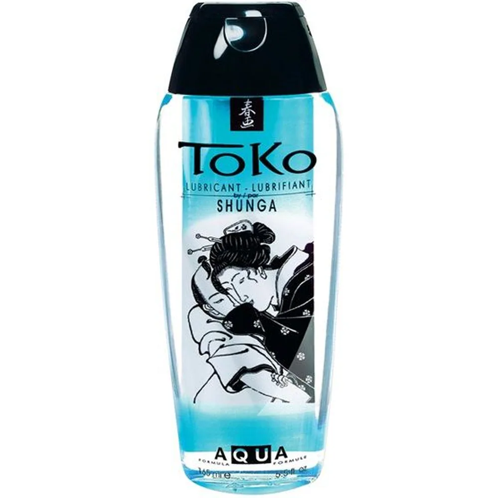 Flacon de lubrifiant Toko Shunga à base d'eau, transparent avec liquide bleu ciel, étiquette blanche ornée d'un motif asiatique noir, capot noir, format 165 ml