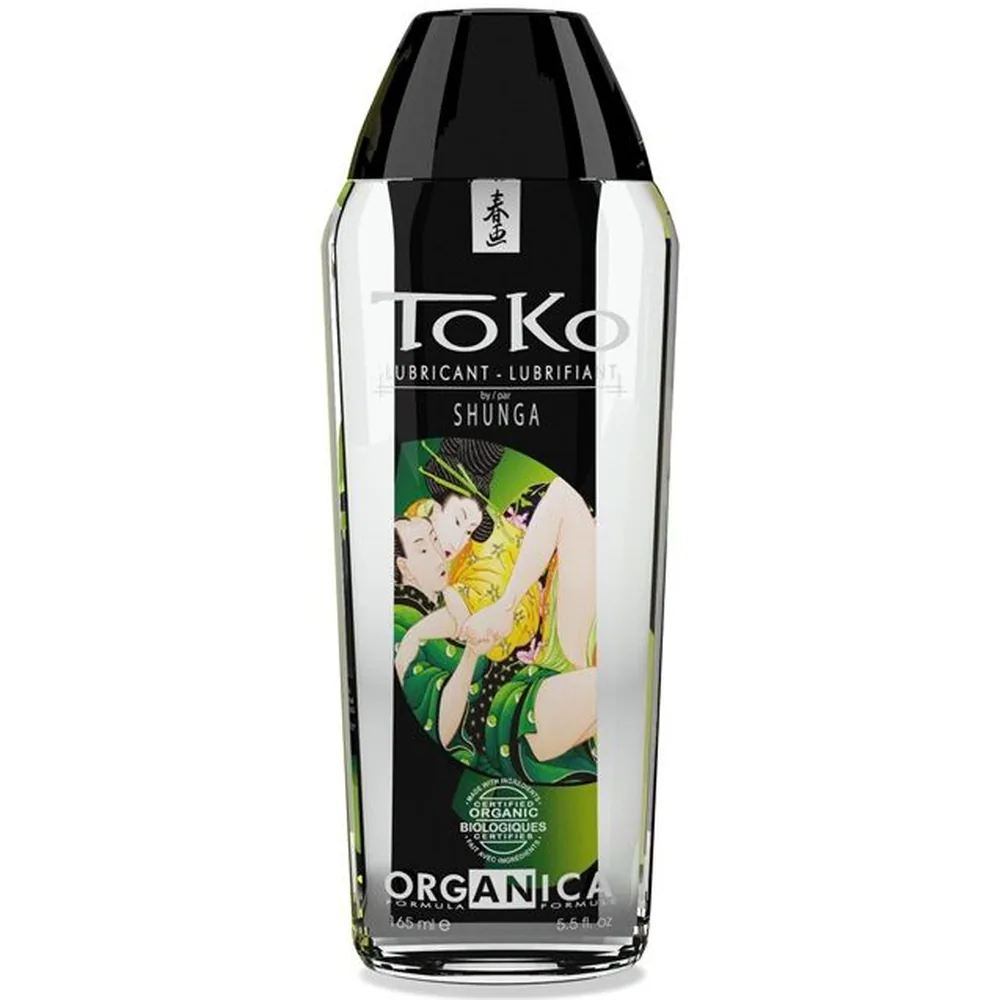 Flacon de lubrifiant Toko Shunga certifié bio, 165 ml, avec étiquette noire et bande centrale blanche illustrée de motifs asiatiques, sur fond blanc