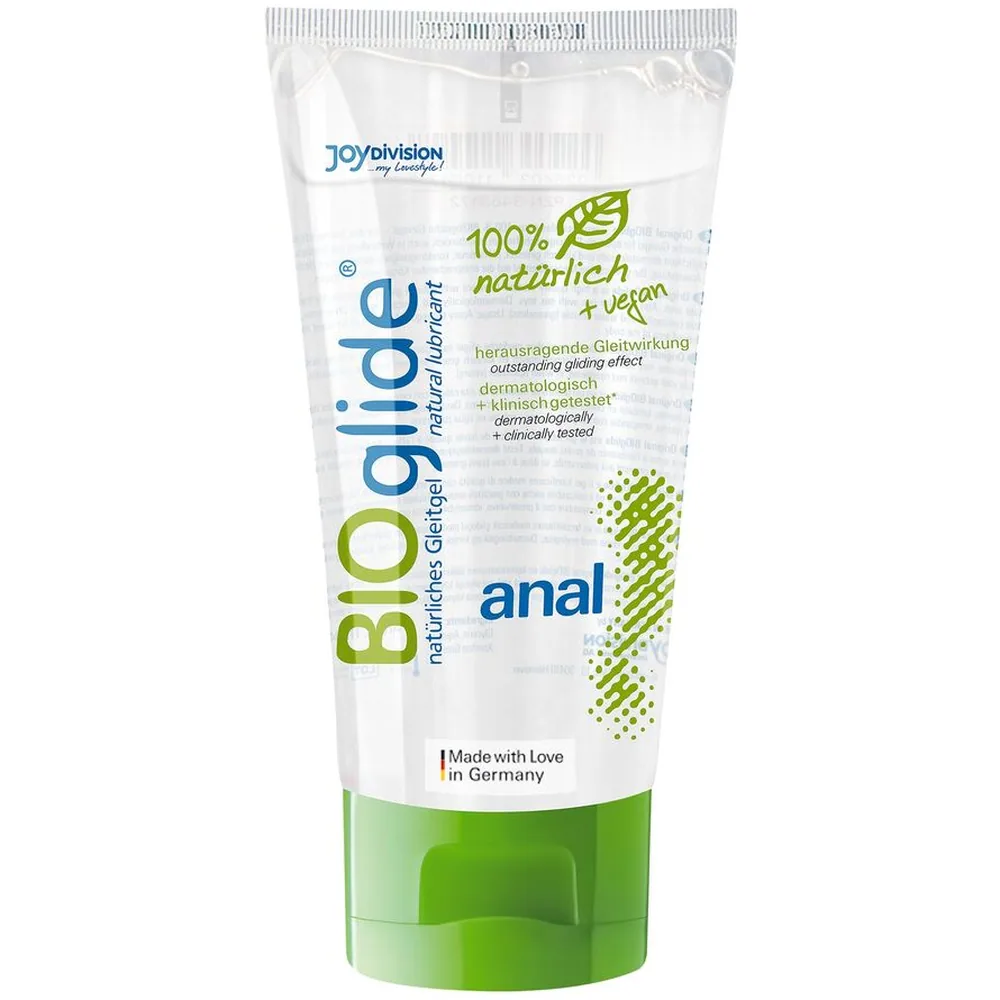 Tube de lubrifiant Bioglide anal, emballage blanc et vert avec inscription « 100% naturlich + vegan » et logo de la marque Joydivision