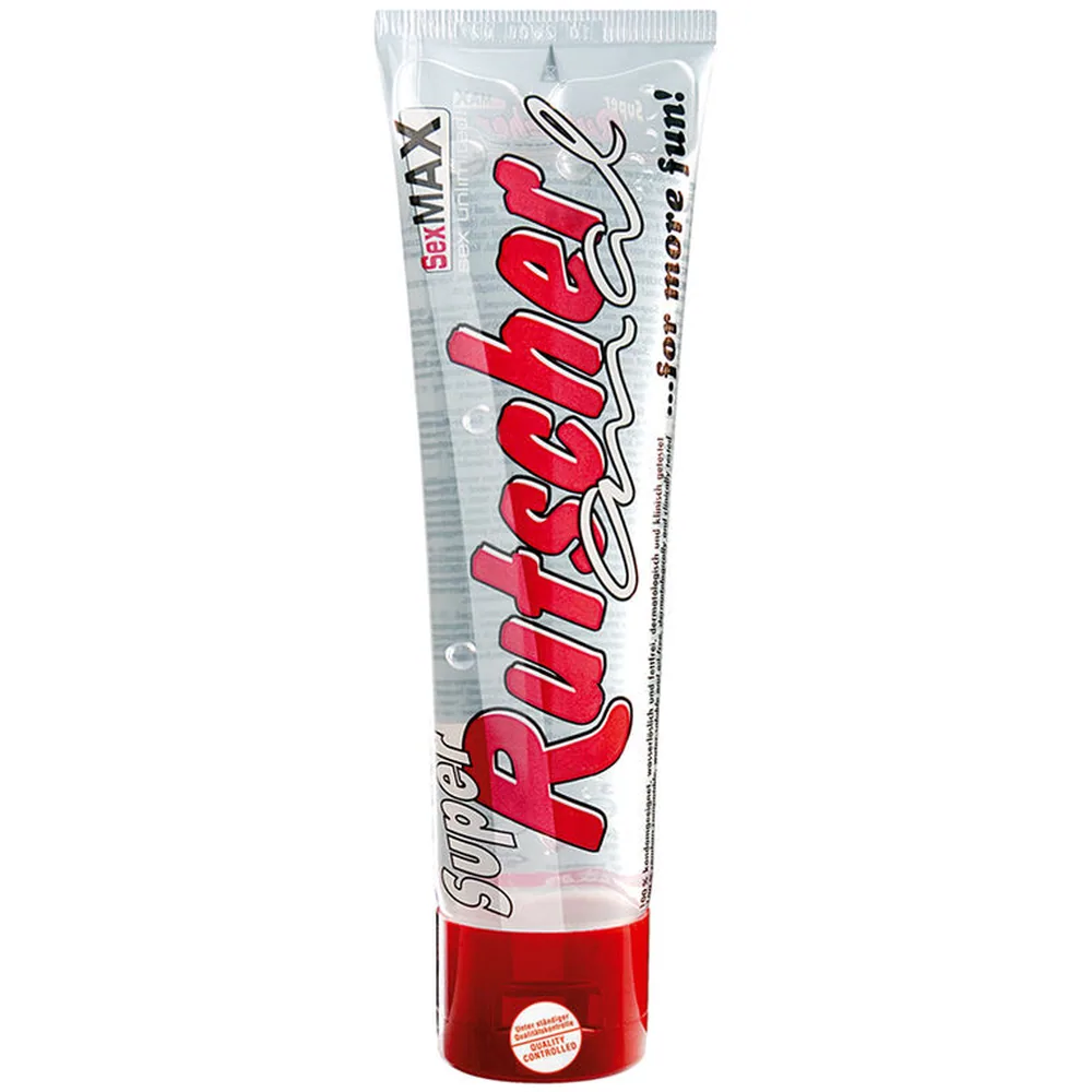 Emballage du lubrifiant anal Super Rutscher, tube translucide de 100 ml avec logo rouge et bande blanche, compatible latex