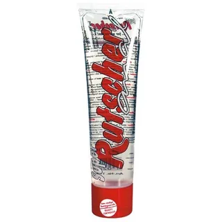 Emballage du lubrifiant anal Super Rutscher, tube translucide de 100 ml avec logo rouge et bande blanche, compatible latex