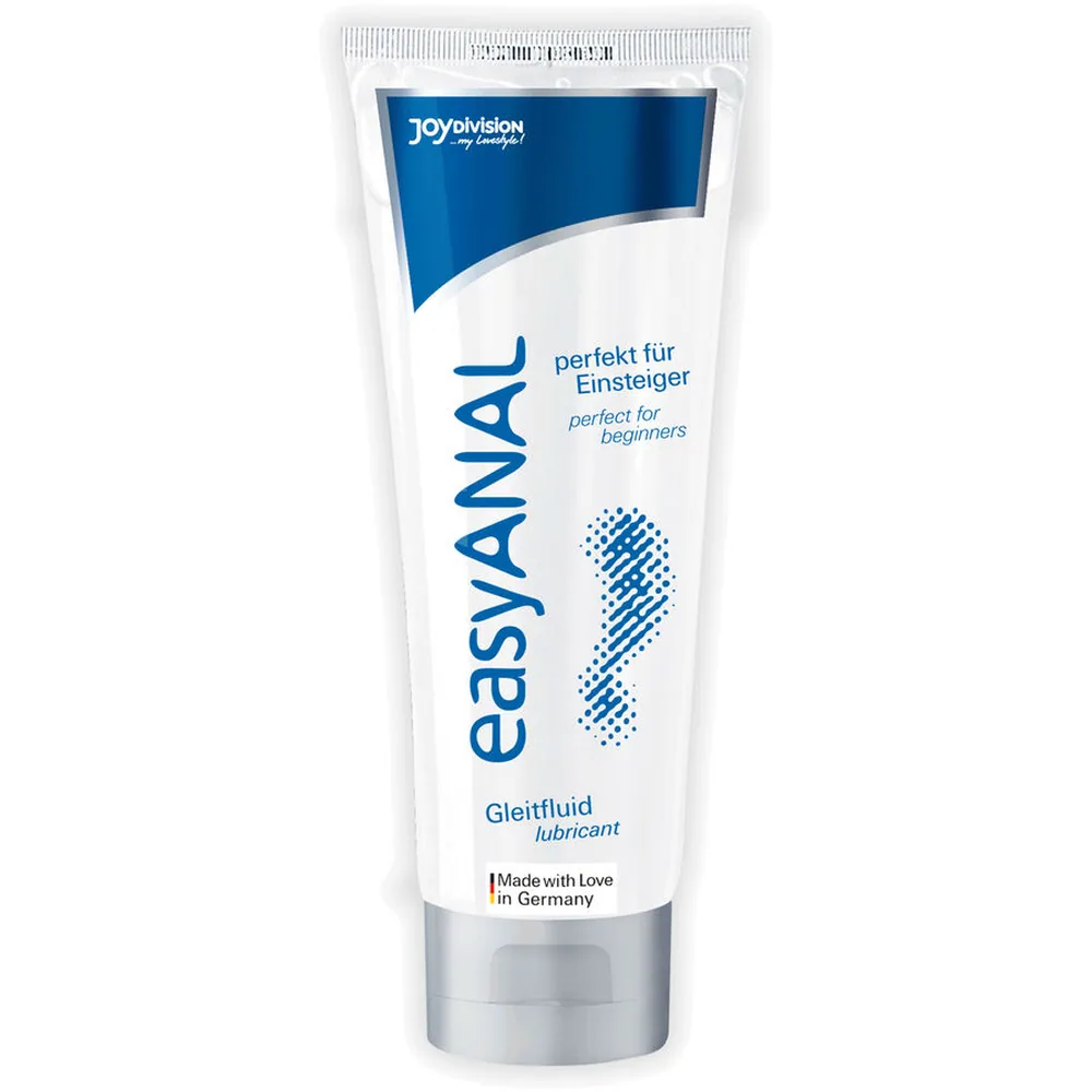 Tube blanc et bleu de lubrifiant EasyAnal Gleitfluid 100ml, marque Joydivision, emballage avec mentions allemand et anglais, fabrication allemande indiquée