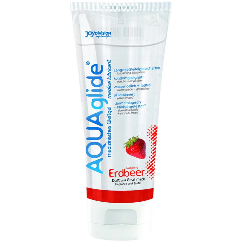 Tube de lubrifiant Aquaglide à la fraise, packaging blanc et rouge avec inscriptions en bleu, arôme fraise indiqué par une fraise en bas de tube