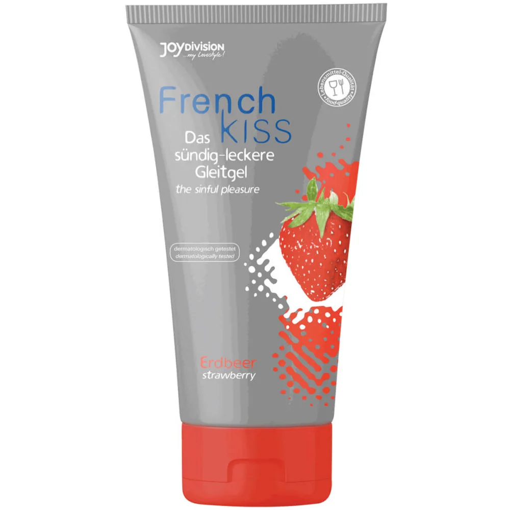 Tube de gel comestible French Kiss saveur fraise, emballage gris et rouge avec illustration d'une fraise, marque Joy Division