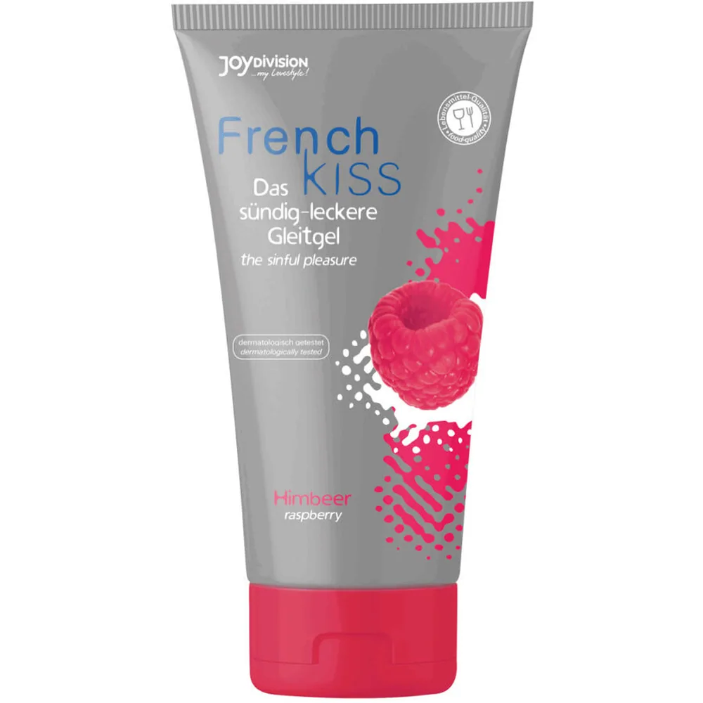 Tube de gel lubrifiant comestible French Kiss, gris et rose, aromatisé framboise, avec illustration de fruit rouge sur l'emballage