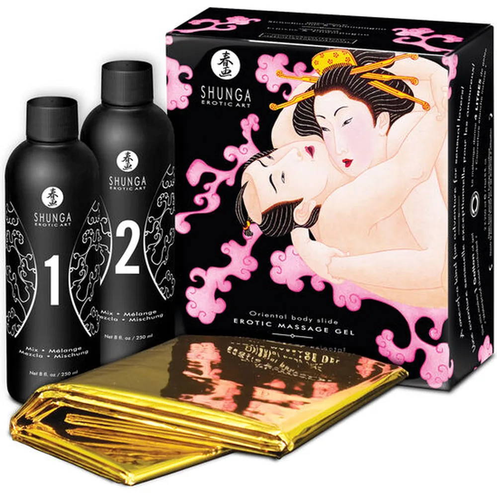 Deux flacons noirs de 250 ml avec bouchon à vis, numérotés 1 et 2, étiquettes blanches avec motifs asiatiques stylisés, marque Shunga, texte Mix-Mélange-Miscela