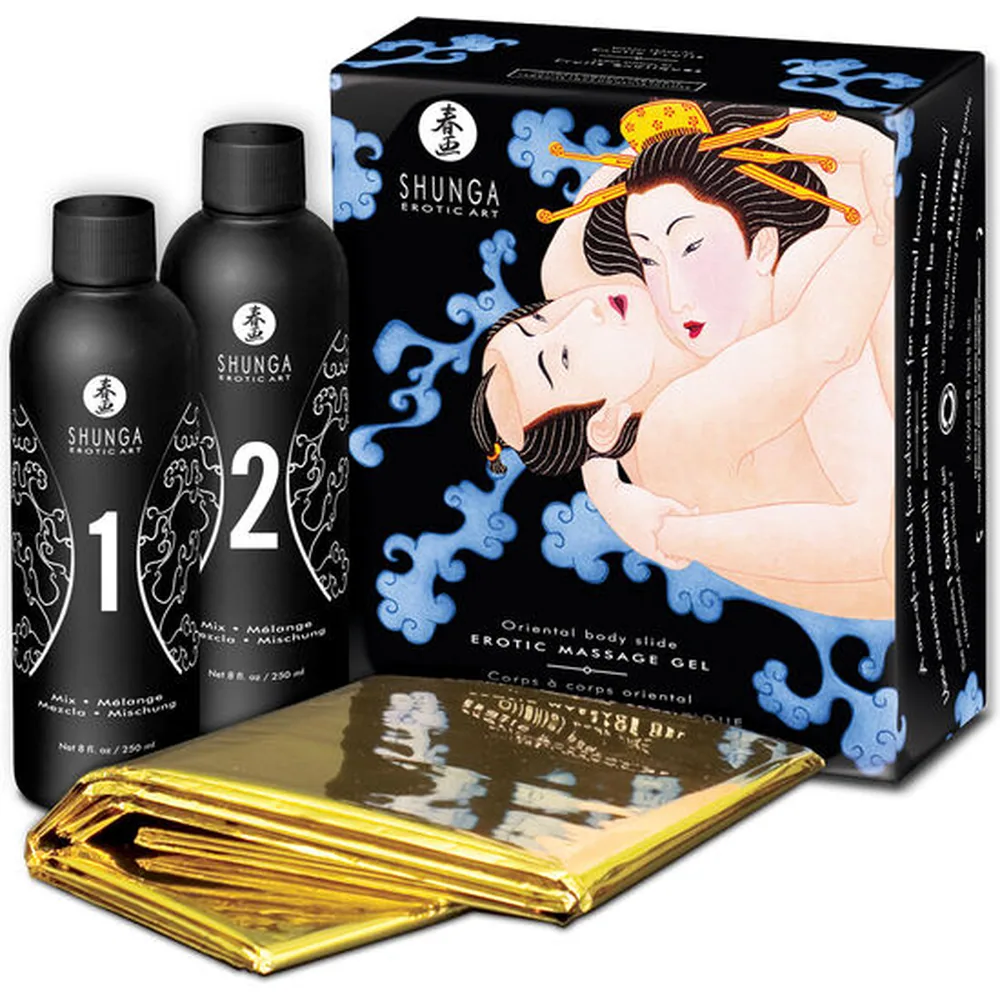 Deux flacons noirs de gel de massage Shunga numérotés 1 et 2, capuchons vissés, étiquettes blanches avec motifs floraux asiatiques, 250 ml chacun