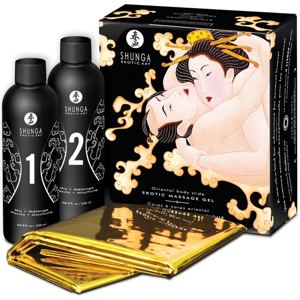 Deux flacons noirs de gel de massage Shunga numérotés 1 et 2, avec bouchon à vis noir, décor blanc gravé de motifs asiatiques, étiquettes en anglais indiquant le mélange melon-mangue, 250 ml chacun