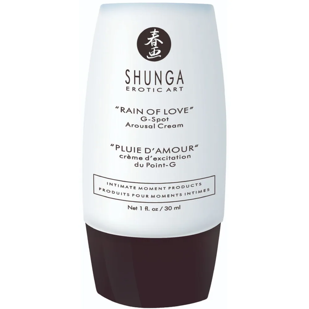 Tube blanc et noir de crème stimulante Shunga Rain of Love pour le point G, 30 ml, avec logo et texte en anglais et français