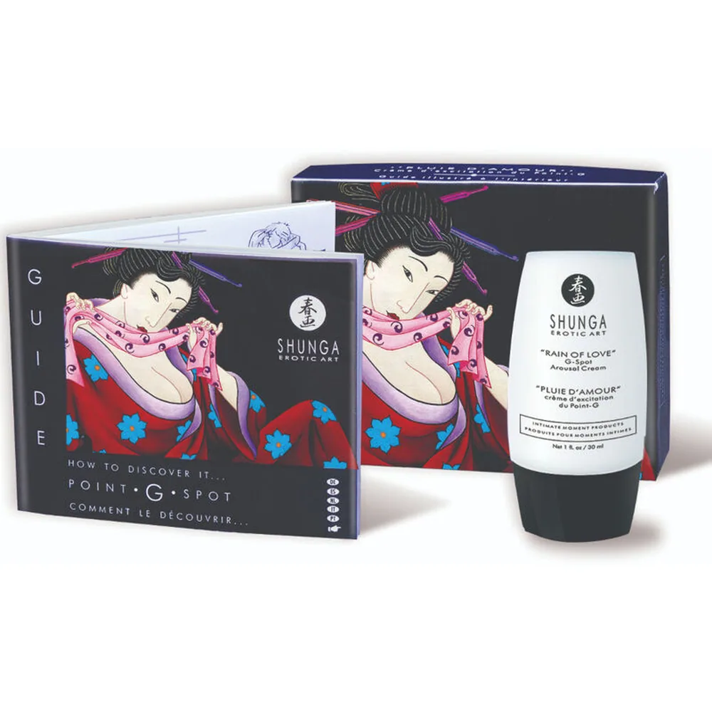Tube blanc et noir de crème stimulante Shunga Rain of Love pour le point G, 30 ml, avec logo et texte en anglais et français