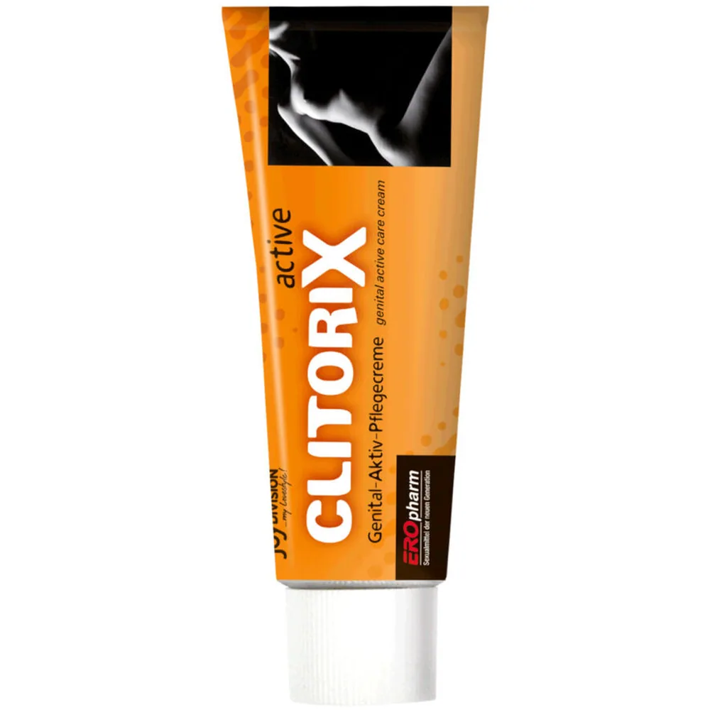 Boîte orange et noire de Clitorix Active, crème de soin génital actif de 40 ml, avec inscriptions en français et anglais sur emballage cartonné