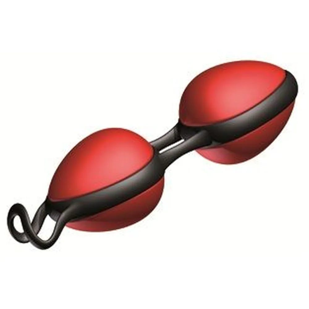 Boules de Geisha rouges et noires avec boucle de retrait discrète intégrée, deux sphères lisses reliées par une tige noire