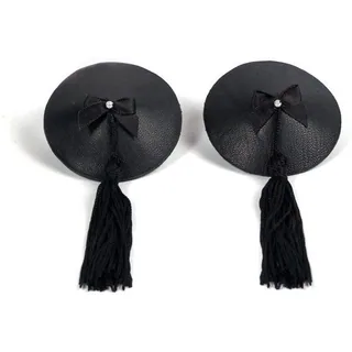 Paire de cache-tétons noirs Bijoux Indiscrets à petit nœud et long pompon, sur fond blanc