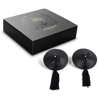 Cache-tétons Burlesque à pompons posés devant leur coffret noir Bijoux Indiscrets