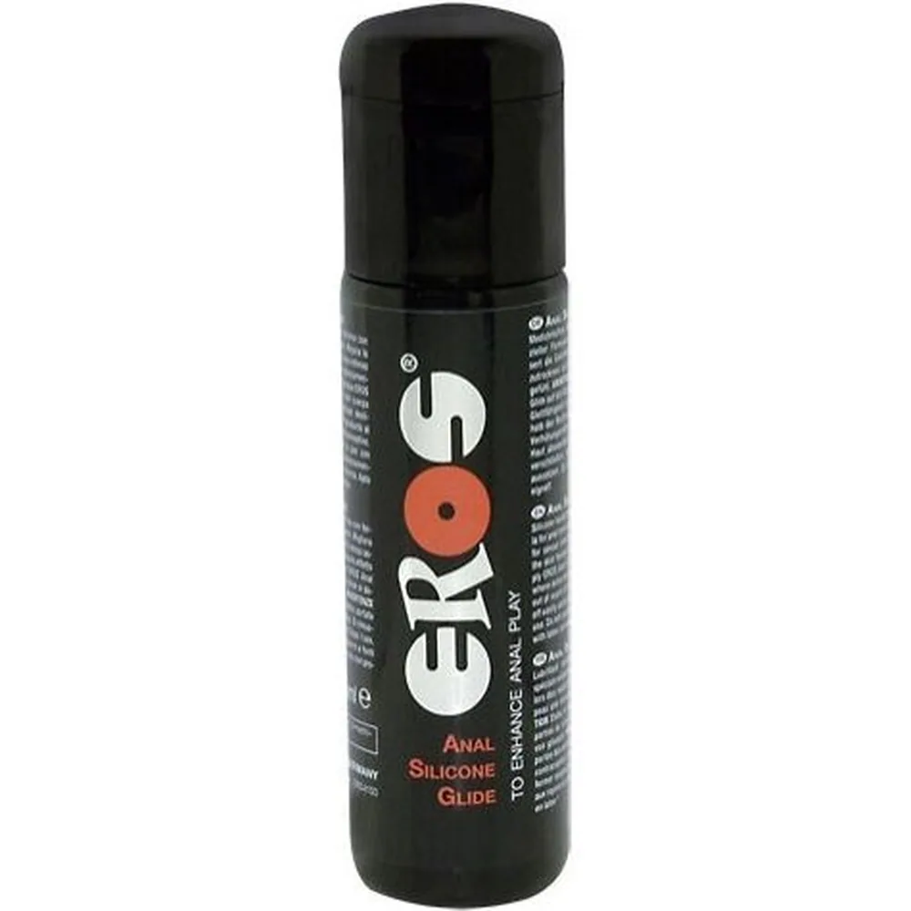Flacon noir de lubrifiant anal à base silicone EROS avec étiquette noire et logo blanc-rouge, 100 ml, bouchon doseur noir