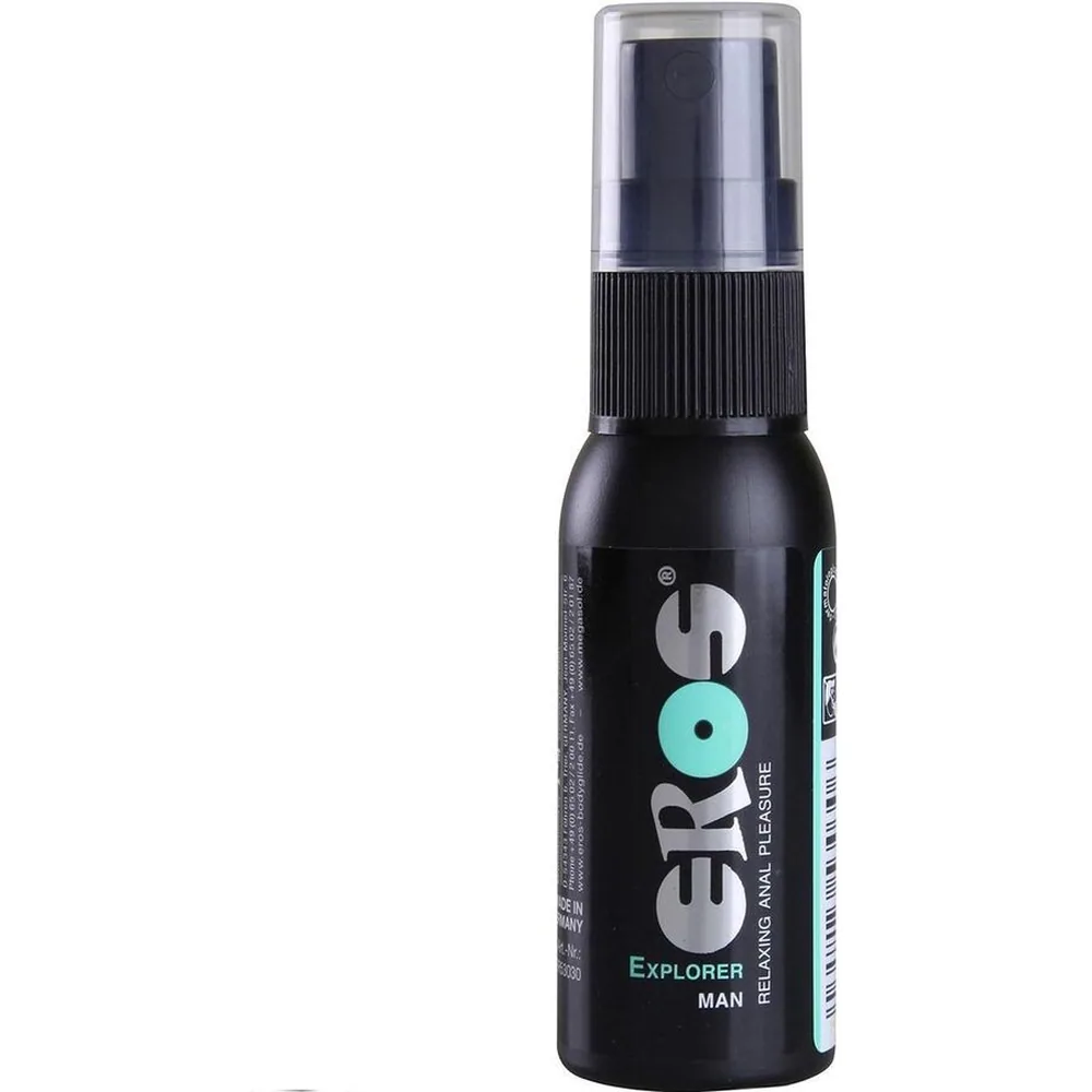 Flacon spray noir de 30 ml avec pompe pulvérisatrice, étiquette turquoise indiquant « Eros Explorer Man » et mentions « relaxant anal » et « formule soluble dans l'eau »