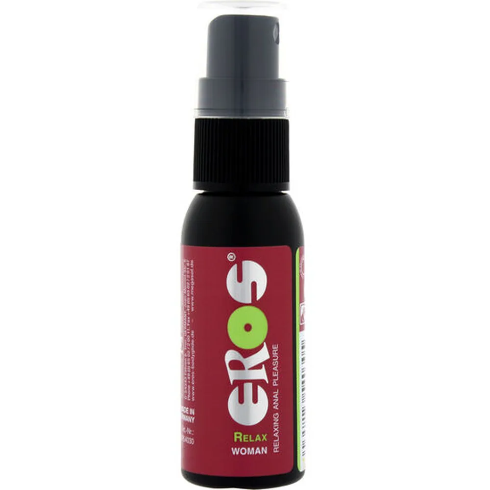 Flacon spray de 30 ml noir et rouge Eros Relax Woman, vaporisateur intégré, étiquette avec logo blanc et détails verts sur fond rouge