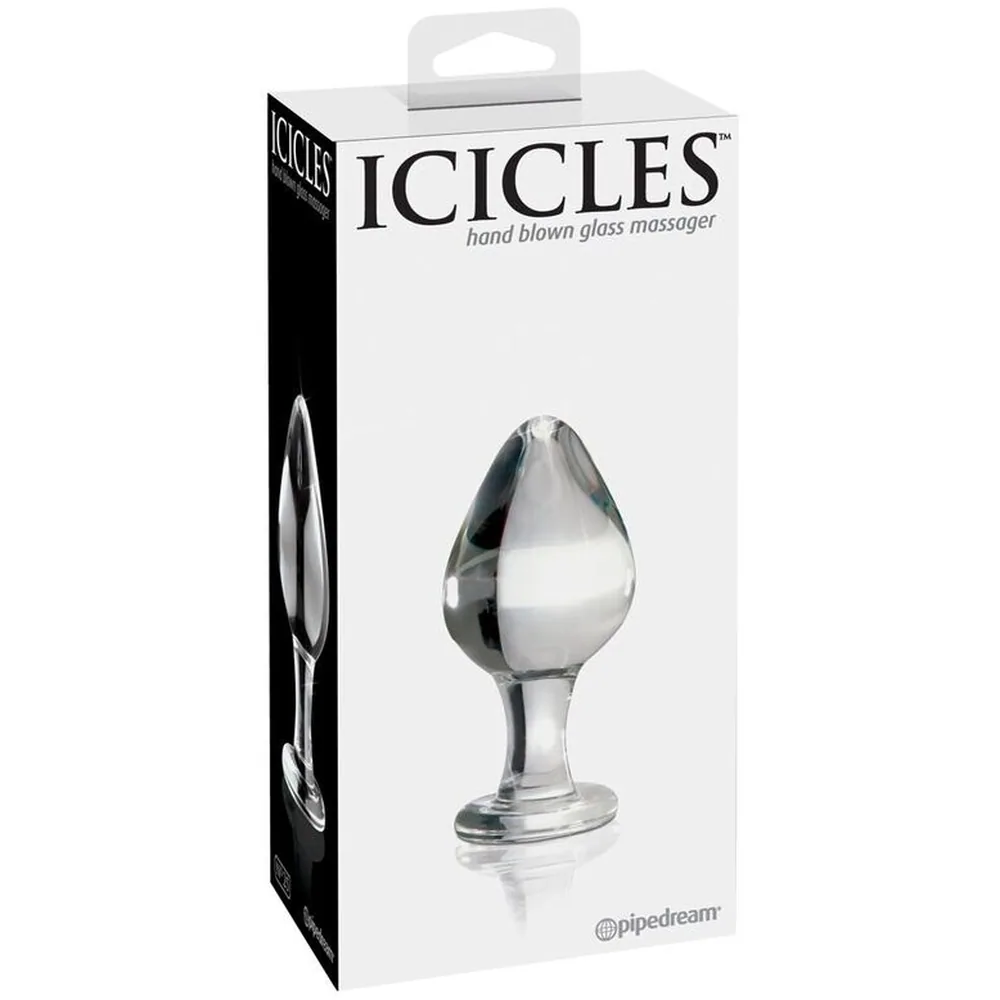 Emballage du masseur Icicles en verre soufflé à la main, forme bulbeuse avec base plate, transparent et brillant, présenté dans sa boîte blanche et noire avec poignée de transport