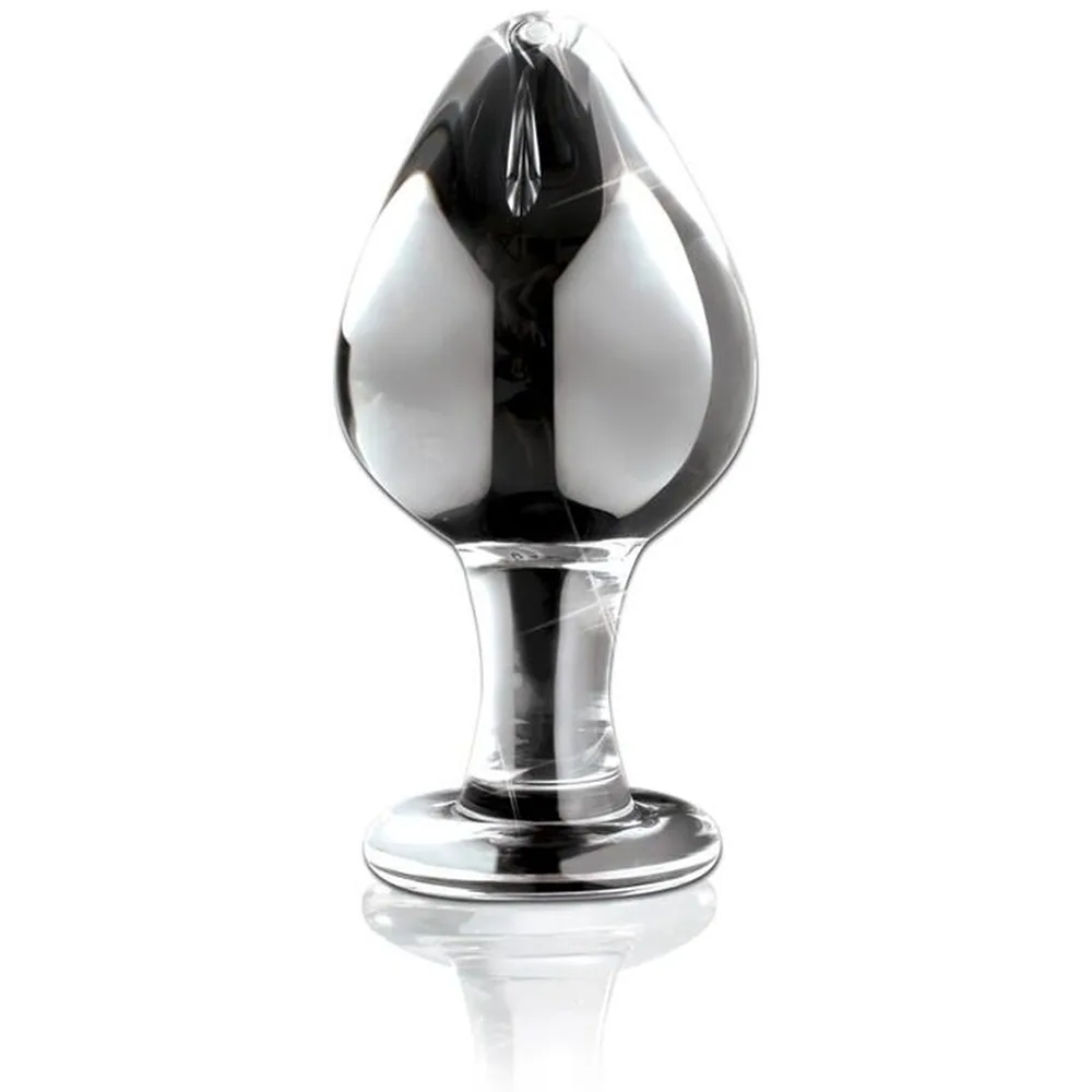 Emballage du masseur Icicles en verre soufflé à la main, forme bulbeuse avec base plate, transparent et brillant, présenté dans sa boîte blanche et noire avec poignée de transport