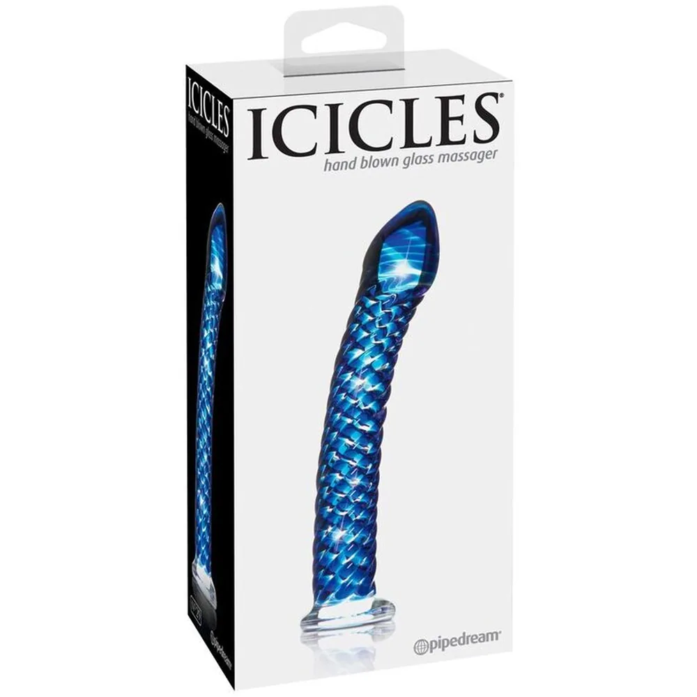 Emballage du masseur en verre Icicles n°29, montrant le produit en verre bleu nuit soufflé à la main, de forme courbe avec motif spiralé et base plate