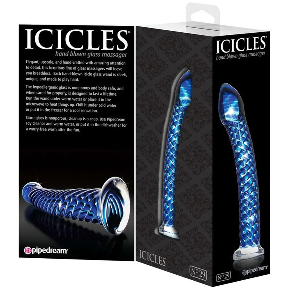 Emballage du masseur en verre Icicles n°29, montrant le produit en verre bleu nuit soufflé à la main, de forme courbe avec motif spiralé et base plate